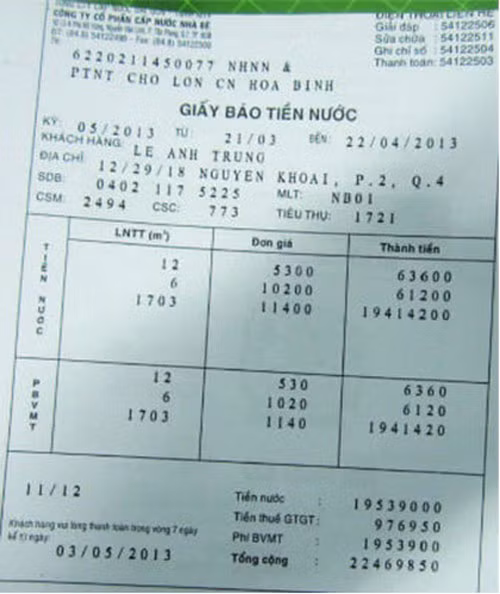 Hóa đơn nước “khủng” của khách hàng Lê Anh Trung (trú tại 12/29/18 Nguyễn Khoái, phường 2, quận 4, TP.HCM).