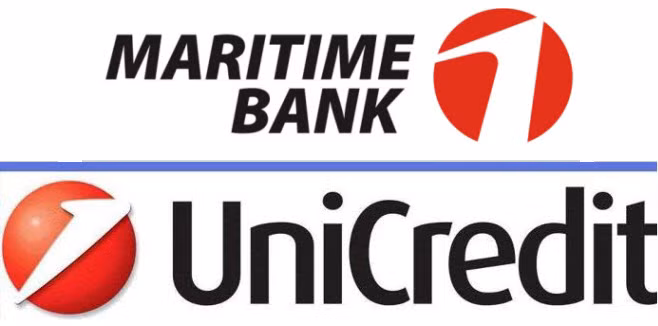 Nhãn hiệu của MaritimeBank (trên) giống bất ngờ với nhãn hiệu của tập đoàn tài chính UniCredit