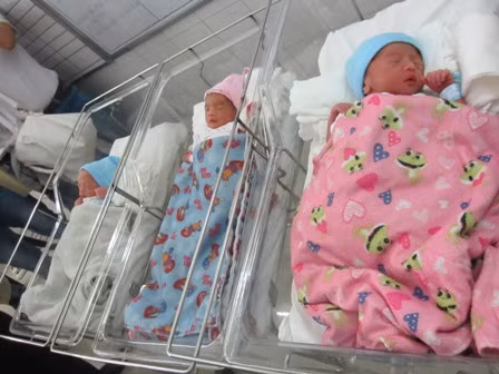 Hai bé trai (mũ màu xanh) và bé gái (mũ màu hồng) có cân nặng lần lượt là 2kg; 1,8kg và 1,5kg. Ảnh TN