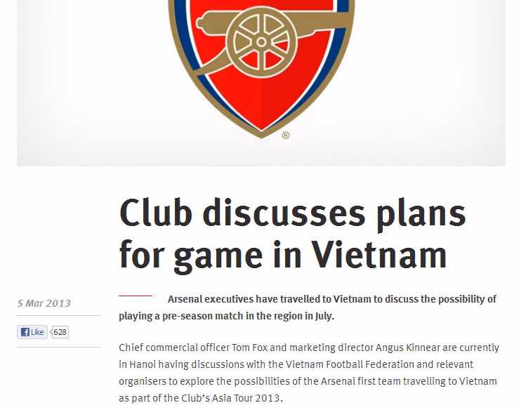 Thông tin về chuyến đi Việt Nam trên website chính thức Arsenal mới chỉ là cuộc gặp giữa giám đốc thương mại Tom Fox và giám đốc makerting Angus Kinnear với VFF.