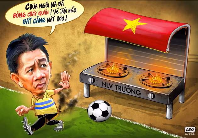 HLV Hoàng Anh Tuấn sợ phải ngồi ghế nóng. (Biếm họa của Leo - Báo TT&VH)