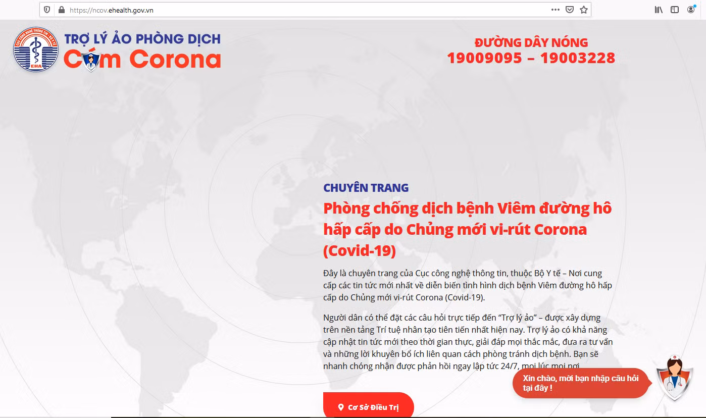 Trang trợ lý ảo giải đáp thông tin về Covid-19. Ảnh chụp màn hình.