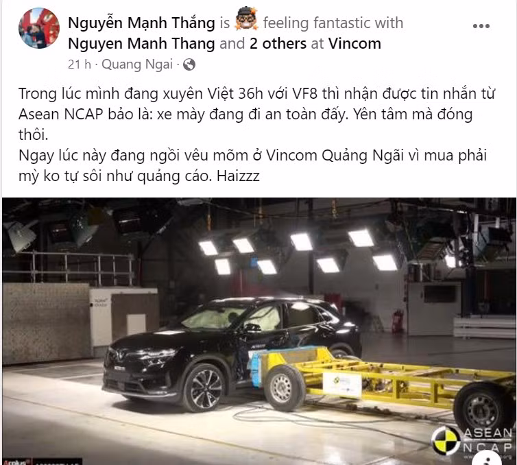 Anh Mạnh Thắng không quá bất ngờ khi biết tin VF 8 được ASEAN NCAP “chấm” 5 sao về mức độ an toàn. (Ảnh: FBNV)