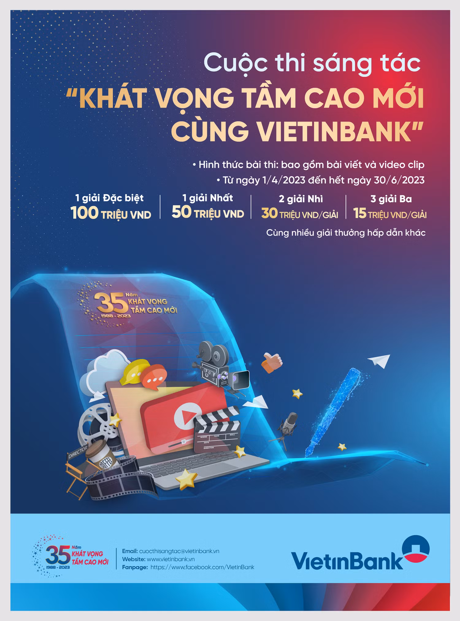 Kỷ niệm 35 năm thành lập, VietinBank tổ chức Cuộc thi sáng tác “Khát vọng tầm cao mới cùng VietinBank” nhằm tạo nhịp cầu kết nối những thế hệ cán bộ, người lao động VietinBank cũng như mang đến cơ hội để khách hàng.