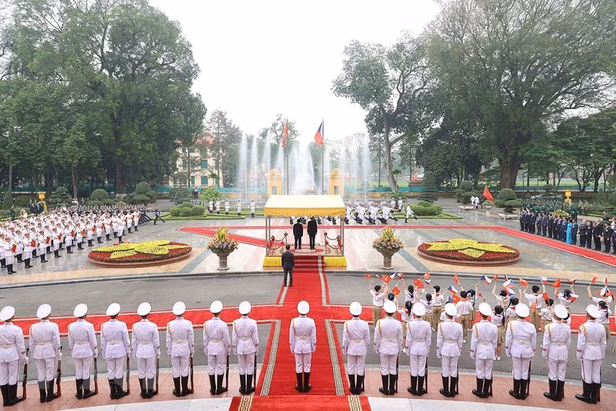 Quang cảnh Lễ đón Thủ tướng Cộng hòa Séc Petr Fiala thăm chính thức Việt Nam. Ảnh: Dương Giang/TTXVN