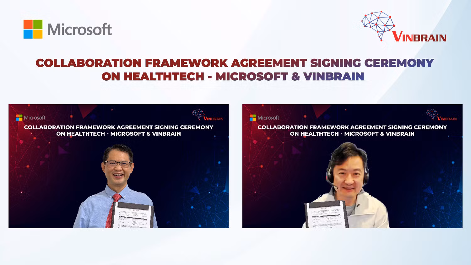 Lễ Ký kết Thỏa Thuận Khung Hợp tác trong Lĩnh vực Công nghệ Y tế giữa Đại diện VinBrain, Tổng Giám đốc Trương Quốc Hùng và Đại diện Microsoft Hoa Kỳ, Giám đốc Kỹ Thuật, Tiến sĩ Yumao Lu