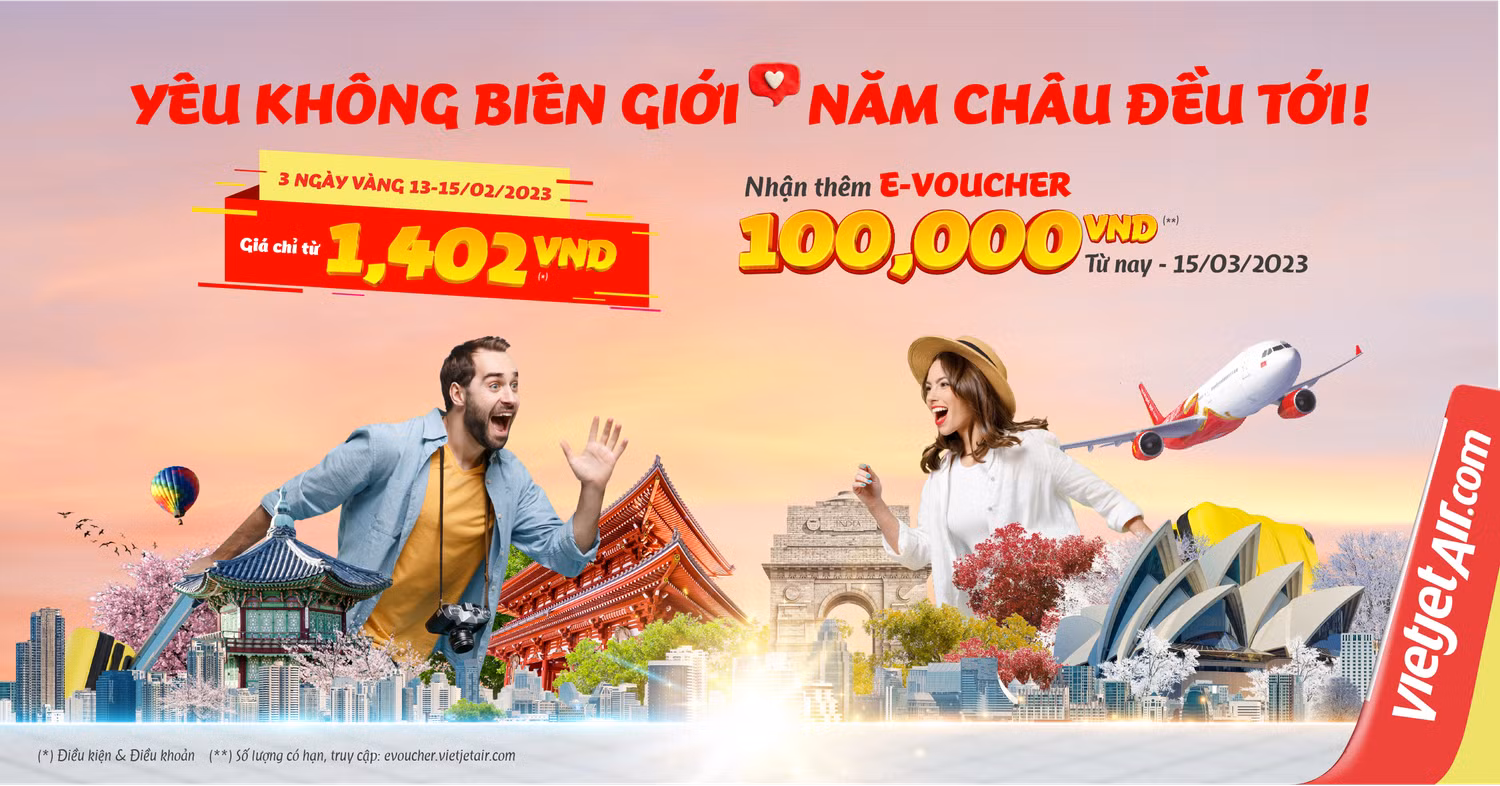 Hàng trăm nghìn vé bay khuyến mãi giá chỉ từ 1.402 đồng được Vietjet mở bán từ ngày 13/2