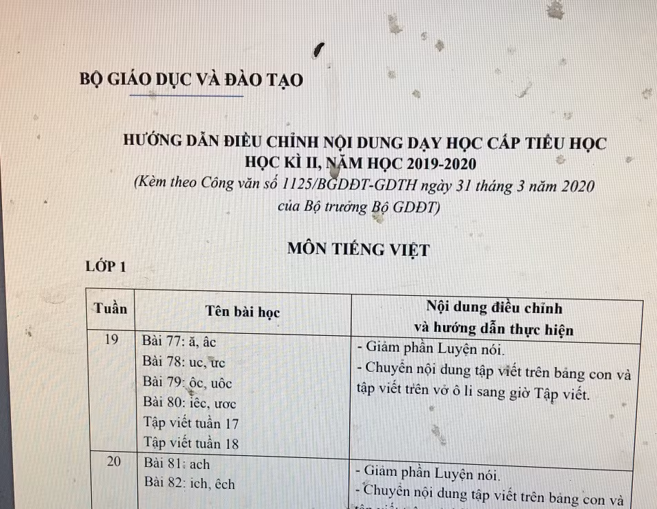 Hướng dẫn cách giảm tải ở môn tiếng Việt lớp 1 (Ảnh tác giả).