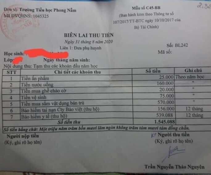 Chưa có tiền ti vi mà số tiền phụ huynh phải đóng đã 2.321.088 ngàn đồng (Ảnh phụ huynh cung cấp)