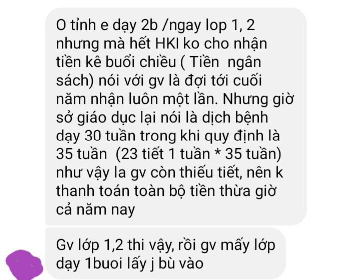 Giáo viên chia sẻ vì không được tính tiền phụ trội cho năm học 2019-2020. Ảnh: tác giả.