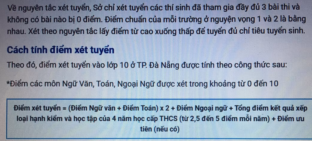 Cách tính điểm chuẩn vào 10 ở Đà Nẵng có khác hơn nhưng 2 môn văn, toán cũng nhân 2 (Ảnh tác giả)