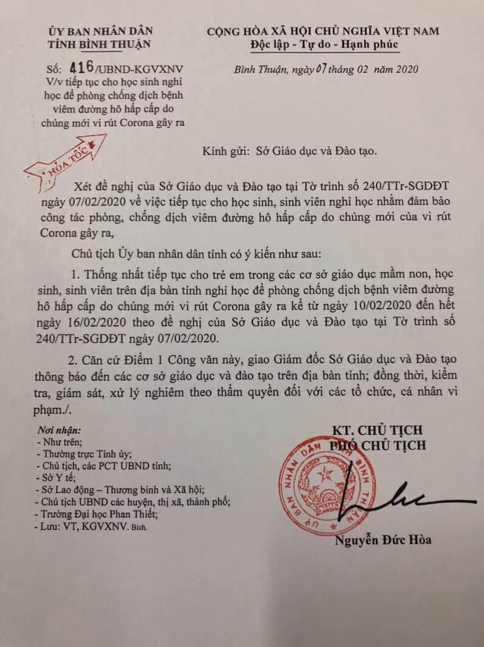 Công văn của tỉnh Bình Thuận cho học sinh nghỉ tiếp 1 tuần (Ảnh CTV)