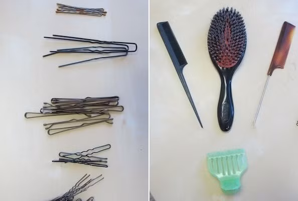 Chuẩn bị ghim tóc nhỏ , cặp tóc loại vừa và hai loại lược chải như trong ảnh.