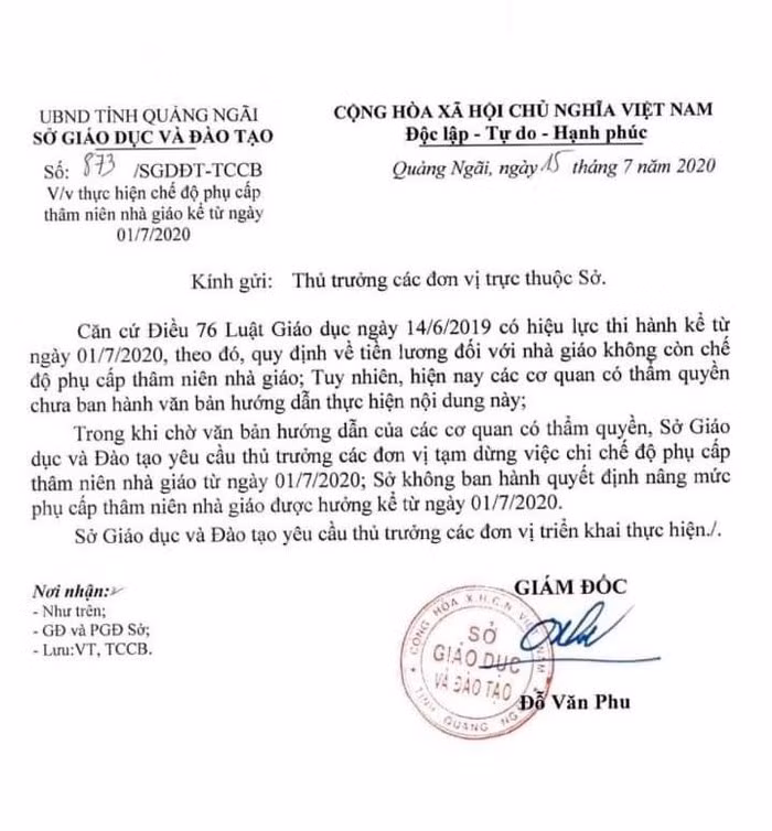 Văn bản tạm dừng chi phụ cấp thâm niên của Sở Giáo dục và Đào tạo Quảng Ngãi (Ảnh: Tác giả). Văn bản tạm dừng chi phụ cấp thâm niên của Sở Giáo dục và Đào tạo Quảng Ngãi (Ảnh: Tác giả).