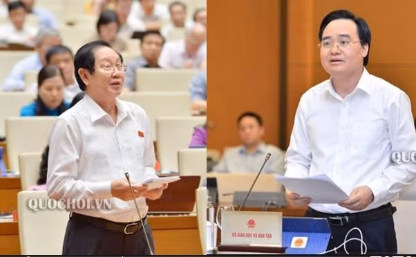 Bộ trưởng Bộ Nội vụ Lê Vĩnh Tân, Bộ trưởng Bộ Giáo dục và Đào tạo Phùng Xuân Nhạ phát biểu trước Quốc hội, ảnh: quochoi.vn.