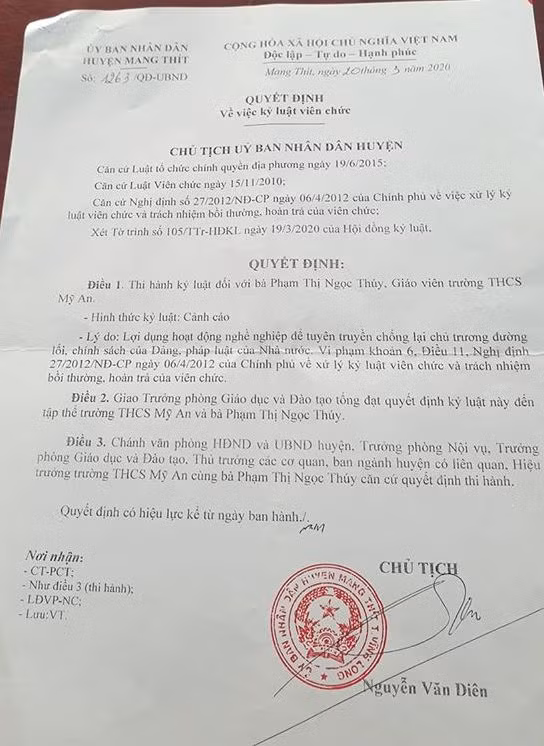 Quyết định xử lý kỷ luật cô Phạm Thị Ngọc Thúy, giáo viên trường trung học cơ sở Mỹ An (ảnh: P.L)