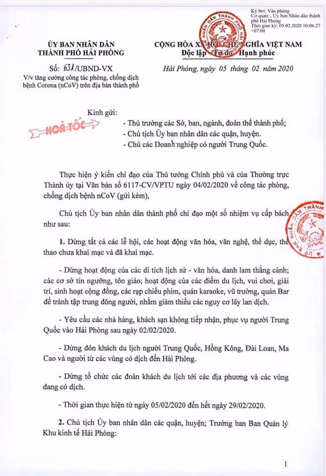 Ủy ban nhân dân thành phố Hải Phòng có công văn hỏa tốc về việc tăng cường biện pháp phòng, chống dịch bệnh Corona. (Ảnh: LT)