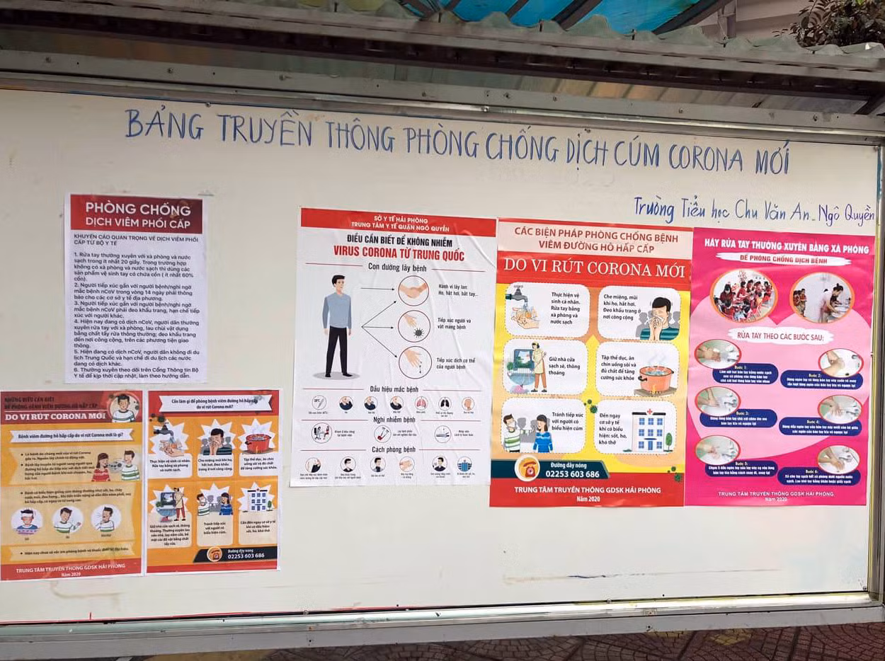 Bảng tuyên truyền phòng chống dịch bệnh do vi rút Corona gây ra của Trường tiểu học Chu Văn An (quận Ngô Quyền) (Ảnh: PD)
