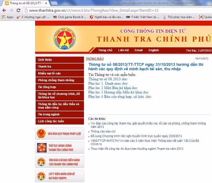 Thông tư số 08/2013/TT-TTCP ban hành ngày 31/10/2013 của Thanh tra Chính phủ (Ảnh chụp màn hình)