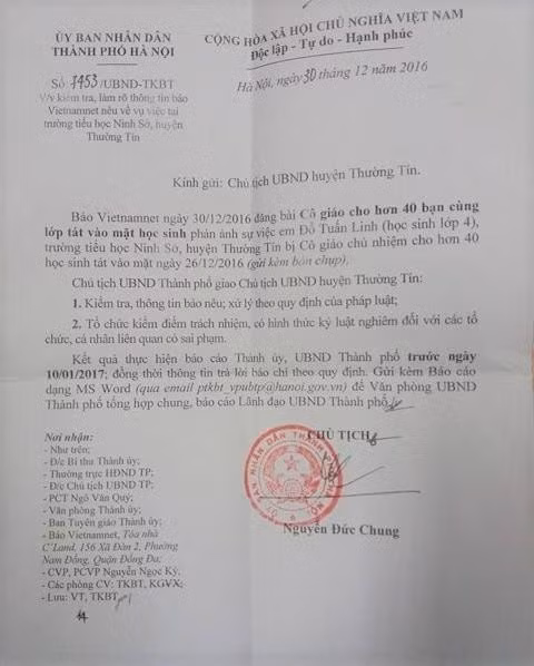 Văn bản yêu cầu xử lý vụ cô giáo chủ nhiệm cho 40 học sinh tát bạn cùng lớp của Chủ tịch UBND TP Hà Nội gửi UBND huyện Thường Tín. Văn bản yêu cầu xử lý vụ cô giáo chủ nhiệm cho 40 học sinh tát bạn cùng lớp của Chủ tịch UBND TP Hà Nội gửi UBND huyện Thường Tín.