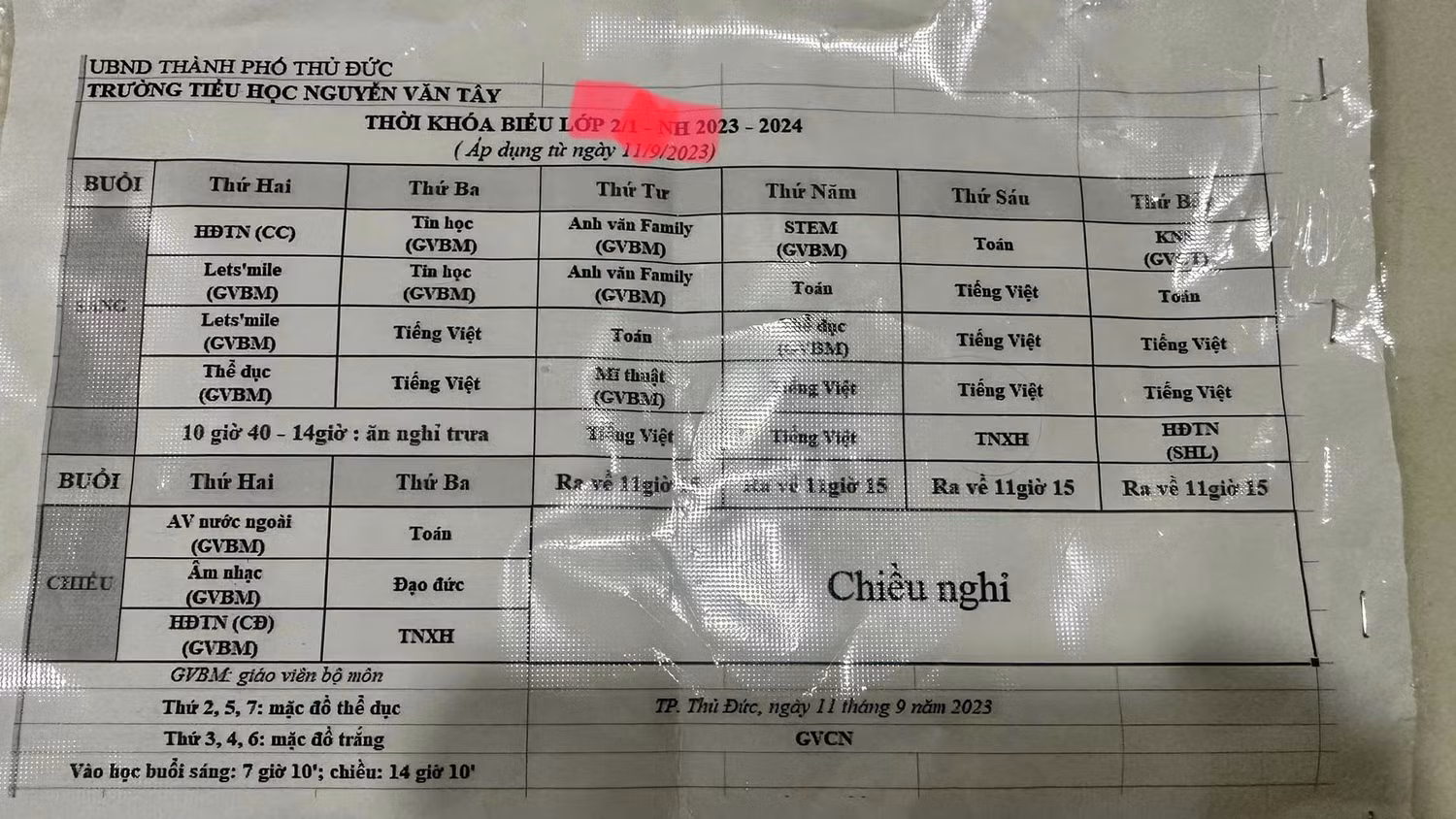 Thời khóa biểu của học sinh lớp 2 Trường tiểu học Nguyễn Văn Tây (ảnh: PHCC) Thời khóa biểu của học sinh lớp 2 Trường tiểu học Nguyễn Văn Tây (ảnh: PHCC)