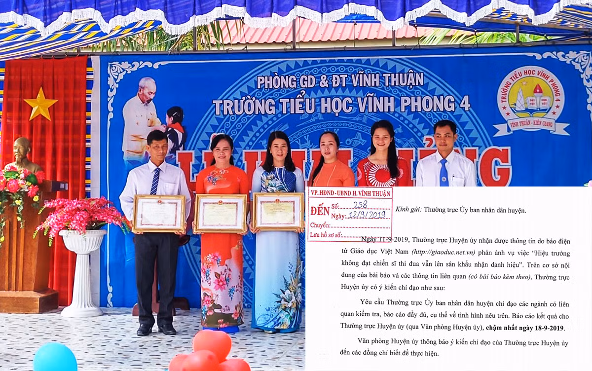 Cô Trịnh Ngọc Thuỳ Mai - Hiệu trưởng (thứ 2 từ trái sang) diễn cảnh lên nhận danh hiệu chiến sĩ thi đua và công văn truyền đạt ý kiến chỉ đạo của Thường trực Huyện ủy. (Ảnh: H.L). Cô Trịnh Ngọc Thuỳ Mai - Hiệu trưởng (thứ 2 từ trái sang) diễn cảnh lên nhận danh hiệu chiến sĩ thi đua và công văn truyền đạt ý kiến chỉ đạo của Thường trực Huyện ủy. (Ảnh: H.L).