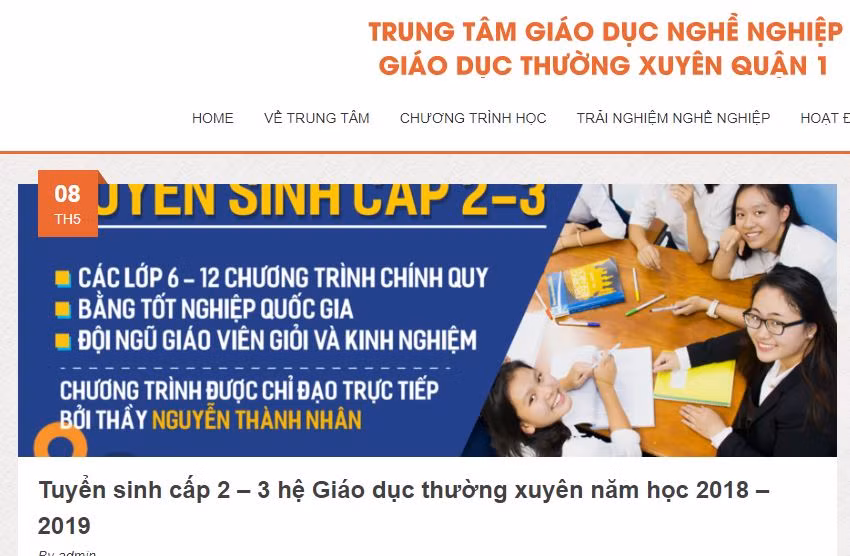 Ảnh chụp màn hình thông báo tuyển sinh trên website Trung tâm Giáo dục nghề nghiệp - giáo dục thường xuyên Quận 1, thành phố Hồ Chí Minh, hình ảnh chỉ có tính chất minh họa. Nguồn: giaoducnghenghiepquan1.edu.vn.