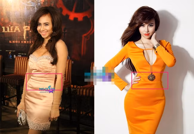 Chiếc váy Đinh Ngọc Diệp mặc càng làm cho vòng hai của cô to thêm. Nhưng trong các shoot hình nghệ thuật, eo của Ngọc Diệp rất nhỏ