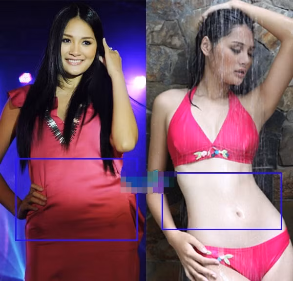 Hương Giang lộ bụng và eo to trong chiếc váy hồng lùm xùm, nhưng so với tấm hình mặc bikini thì vòng 2 của cô như khác hoàn toàn.