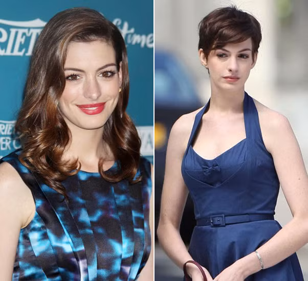 Nhóm 2: dài - ngắn đều xinh cả Để nhập vai cho một bộ phim, Anne Hathaway đành phải hi sinh mái tóc của mình, những ngày đầu Anne xuất hiện cùng tóc tém, nhiều người còn tỏ ý tiếc nuối cho cô ấy nhưng càng về sau, số đông đã dần thích nghi và bắt đầu thấy ưng style tóc hiện đại này.