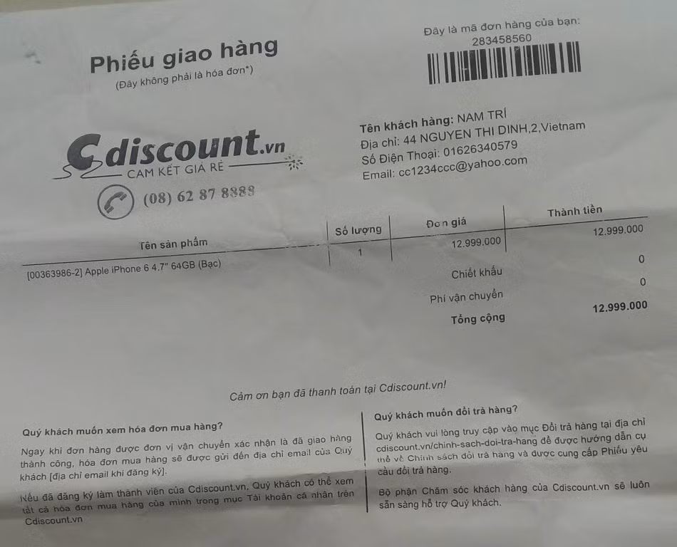 Phiếu giao hàng của Cdiscounnt.vn - ảnh do anh Hùng cung cấp.