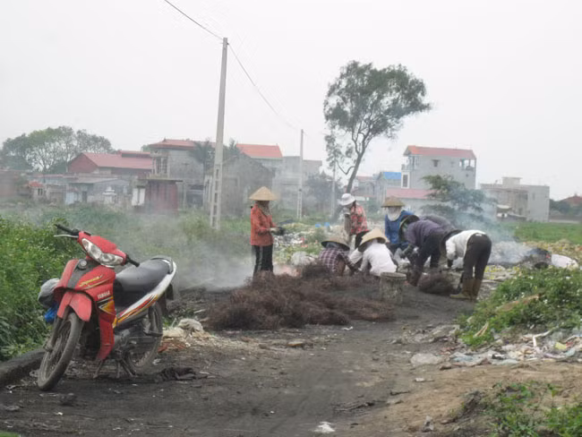 Đi đến đâu cũng thấy mùi hôi tanh từ nhôm, sắt phế liệu, mùi khét lẹt từ những đống thiêu huỷ phế liệu, dây điện… toả ra. Đi đến đâu cũng thấy mùi hôi tanh từ nhôm, sắt phế liệu, mùi khét lẹt từ những đống thiêu huỷ phế liệu, dây điện… toả ra.