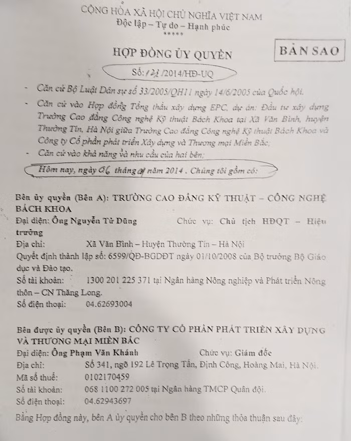 Hợp đồng Ủy quyền của Trường Cao đẳng Kỹ thuật Công nghệ Bách khoa giao đất cho doanh nghiệp tư nhân sử dụng (Ảnh:N.D)