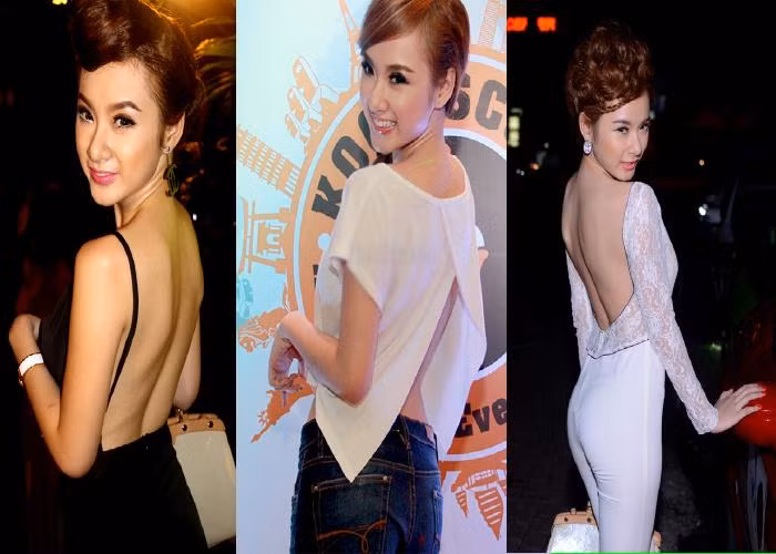 Bà mẹ nhí Angela Phương Trinh cũng rất tự tin khoe lưng trần của mình, nhưng tấm lưng xương xẩu của cô nhìn có vẻ như không được đẹp mắt cho lắm trước ống kính.