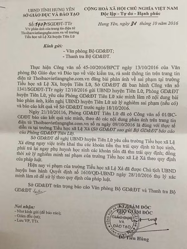 Báo cáo về việc lạm thu tại trường Tiểu học xã Lệ Xá của Sở Giáo dục và Đào tạo tỉnh Hưng Yên gửi lên Bộ Giáo dục và Đào tạo (Ảnh Quốc Chí)