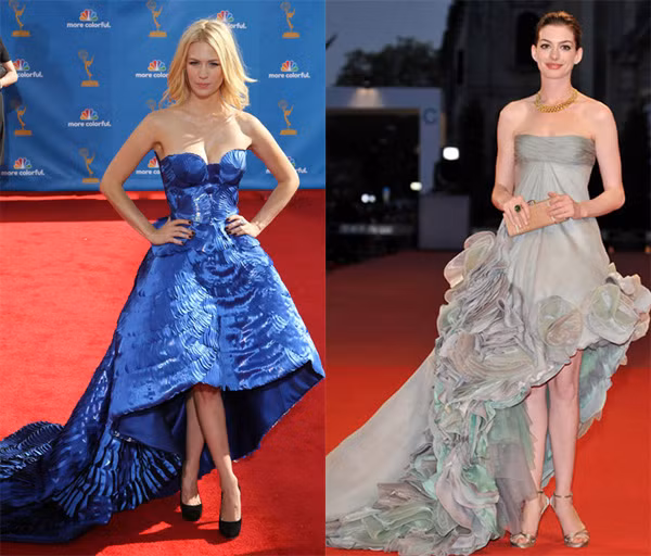 Anne Hathaway xinh đẹp và yêu kiều như một nàng công chúa với váy mullet tết hoa, trong khi người đồng nghiệp của cô thể hiện nét quyến rũ, kiêu kỳ trong bộ đầm mullet xanh. (Ảnh: ngoisao) Xem thêm: Bộ sưu tập váy xinh chào hè 2012/ Thời trang sao Việt/ Thời trang sao Hàn,