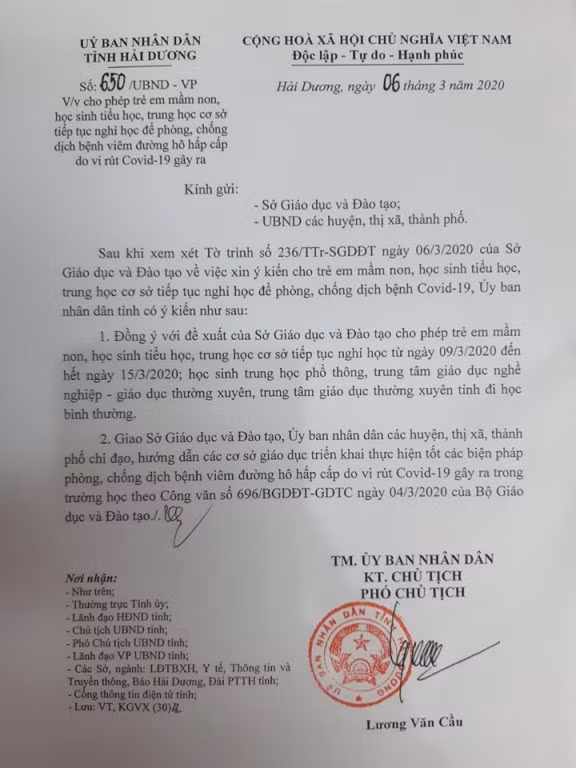 Công văn của Ủy ban nhân dân tỉnh Hải Dương về việc tiếp tục cho học sinh nghỉ học để phòng, chống dịch Covid-19 (Ảnh: LT)