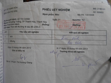 Kết quả xét nghiệm cho thấy sản phụ Oanh âm tính với HIV của Bệnh viện phụ sản Thanh Hoá