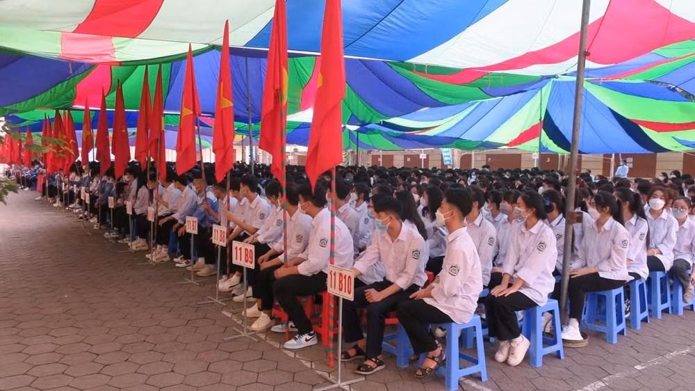 Ngày 26/3, Trường Trung học phổ thông Kiến Thụy (huyện Kiến Thuỵ, Hải Phòng) tổ chức Lễ kỷ niệm 91 năm ngày thành lập Đoàn thanh niên cộng sản Hồ Chí Minh (Ảnh: CTV)
