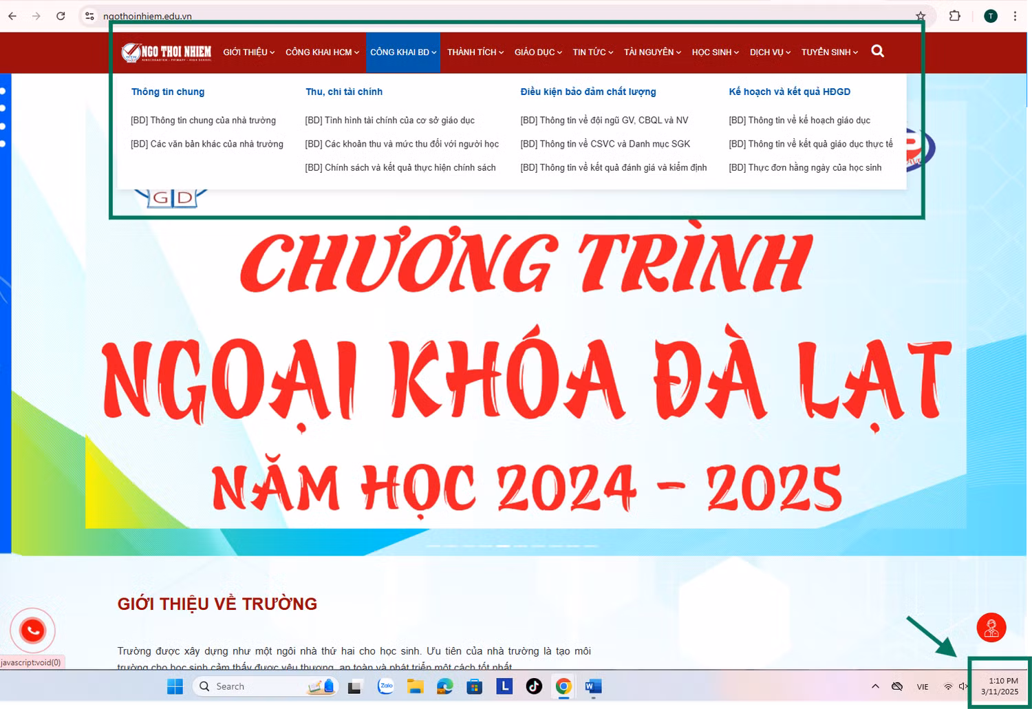 Ngày 11/3, website nhà trường đã có mục công khai của cơ sở Bình Dương và đăng biểu mẫu (theo thông tư 36/2017/TT-BGDĐT) Ảnh chụp màn hình ngày 11/3/2025