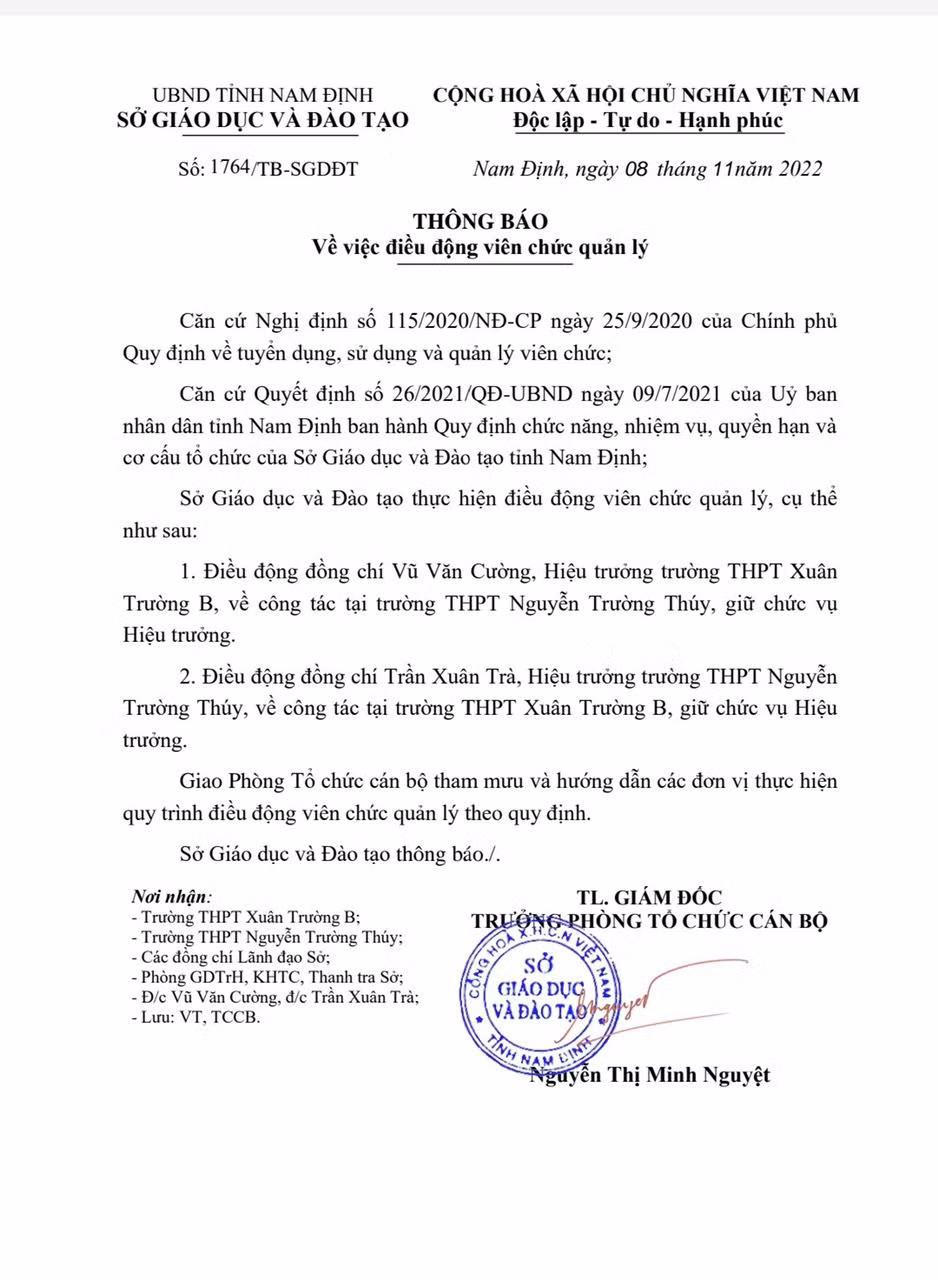 Thông báo về việc điều động viên chức quản lý của Sở Giáo dục và Đào tạo Nam Định. Ảnh: CTV Thông báo về việc điều động viên chức quản lý của Sở Giáo dục và Đào tạo Nam Định. Ảnh: CTV