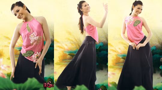 Giải bạc siêu mẫu Việt Nam 2005 Huỳnh Phạm Ngọc hóa thân thành cô thôn nữ xưa với áo yếm tuyệt đẹp.