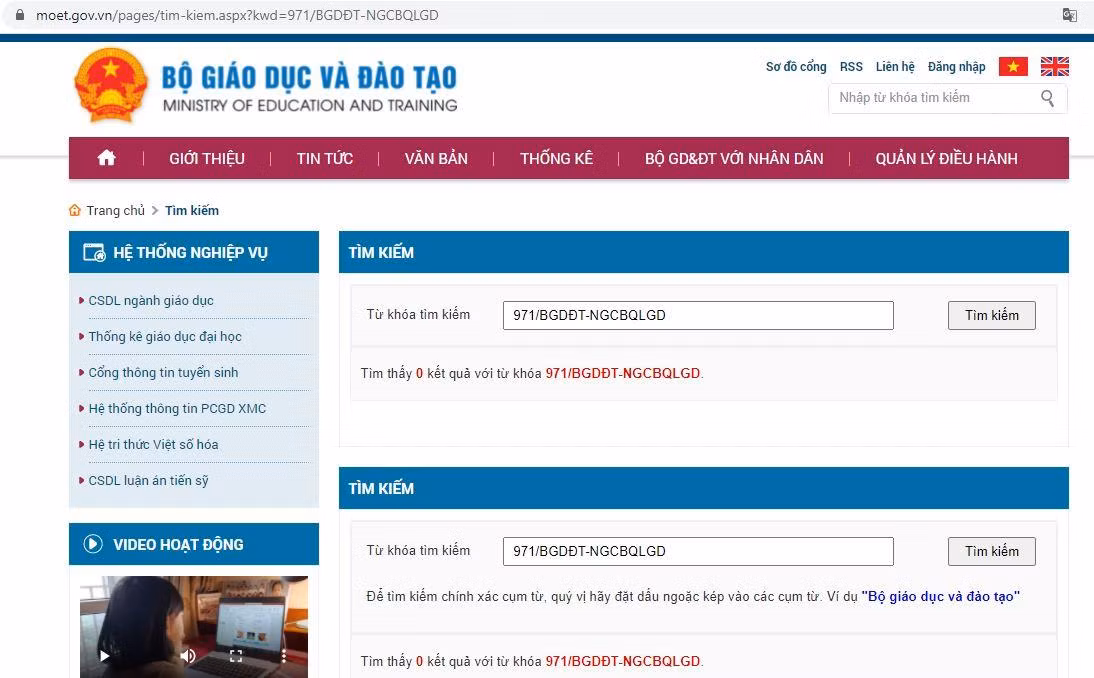 Ảnh chụp màn hình kết quả tìm kiếm công văn 971/BGDĐT-NGCBQLGD trên cổng thông tin điện tử Bộ Giáo dục và Đào tạo.