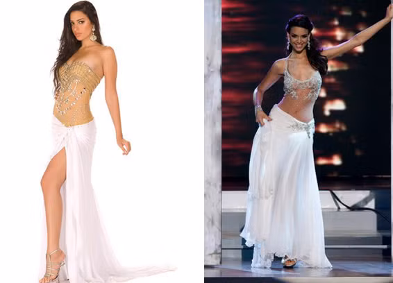 Hoa hậu hoàn vũ 2009 của Egypt Elham Wagdi mặc đầm copy Ellie Saab (ảnh trái) và Hoa hậu Mexico - Elisa Najera lọt vào top 5 chiếc đầm đẹp nhất của cuộc thi HHHV 2008 (ảnh phải). Xét về lợi ích thực tế, những “tay đạo chích” thời trang có thể ngay lập tức thỏa mãn cơn khát mặc đẹp của những phụ nữ thuộc tầng lớp bình dân, trung lưu - Những người chưa có đủ hoặc có thể không bao giờ có khả năng để sở hữu vẻ đẹp đích thực như vậy. Nhưng thực tế, việc chôm chỉa, copy hoặc ăn cắp ý tưởng luôn bị coi là hành động phá hoại thực sự đối với sự phát triển lâu dài của ngành công nghiệp thời trang.