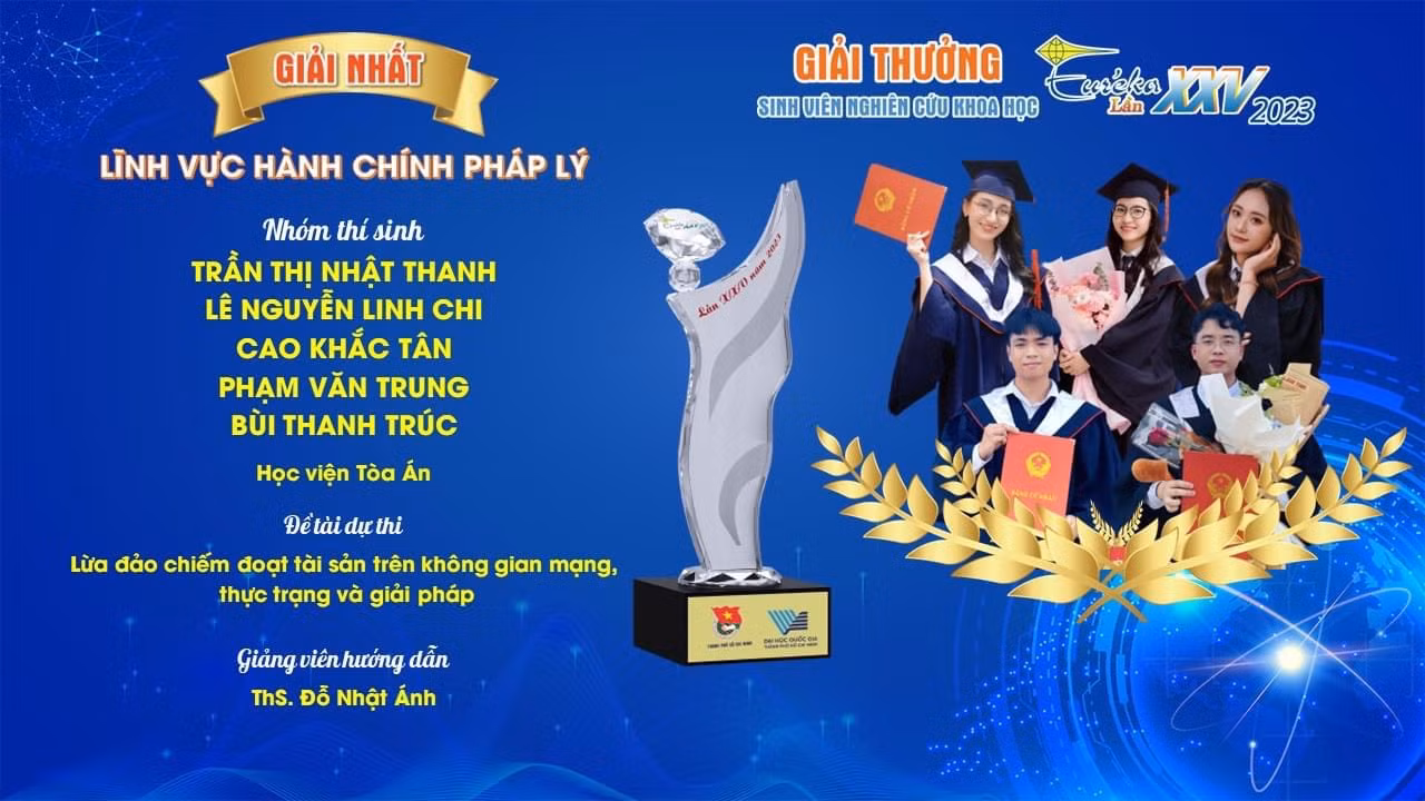 Đề tài nghiên cứu khoa học "Lừa đảo chiếm đoạt tài sản trên không gian mạng, thực trạng và giải pháp" của Trần Thị Nhật Thanh cùng 4 người bạn đã đạt giải Nhất giải thưởng sinh viên nghiên cứu khoa học Euréka năm 2023.