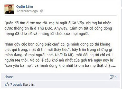 Quân Lâm vui mừng thông báo đã tìm thấy mẹ mình.