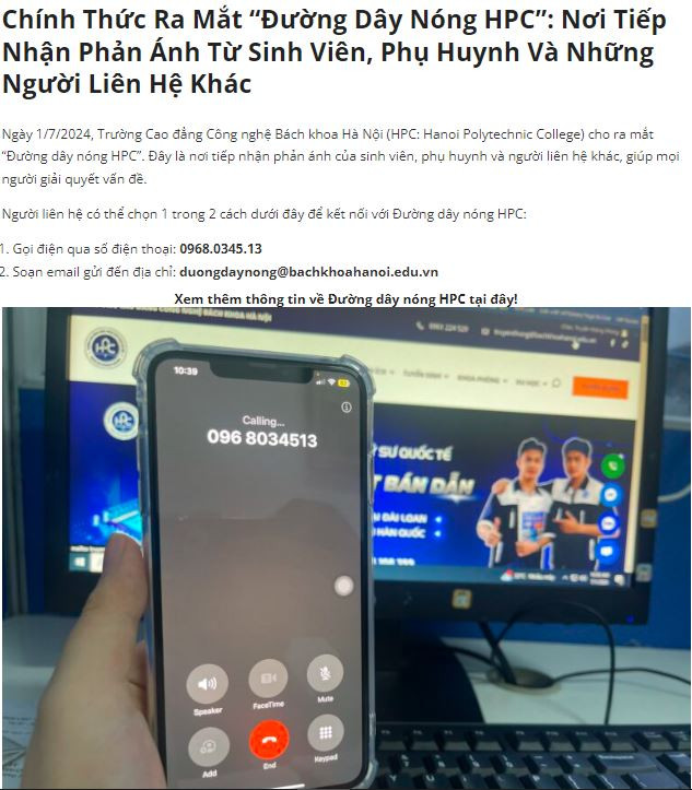 Kể từ ngày 1/7, nhà trường thành lập "đường dây nóng" để tiếp nhận những phản ánh, kiến nghị của sinh viên, phụ huynh liên quan đến hoạt động đào tạo của đơn vị thông qua số điện thoại 0968.0345.13. Ảnh: website nhà trường.