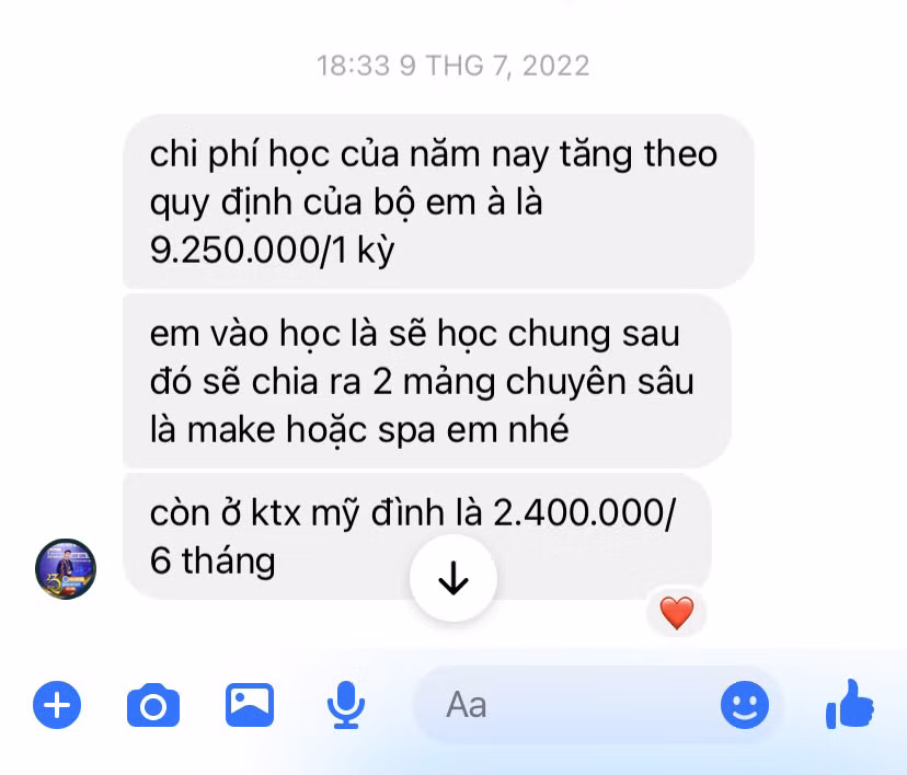 Đoạn tin nhắn của thầy Huy Cường tư vấn thông tin về việc đào tạo và chi phí ở Ký túc xá Mỹ Đình. (Ảnh: NVCC)