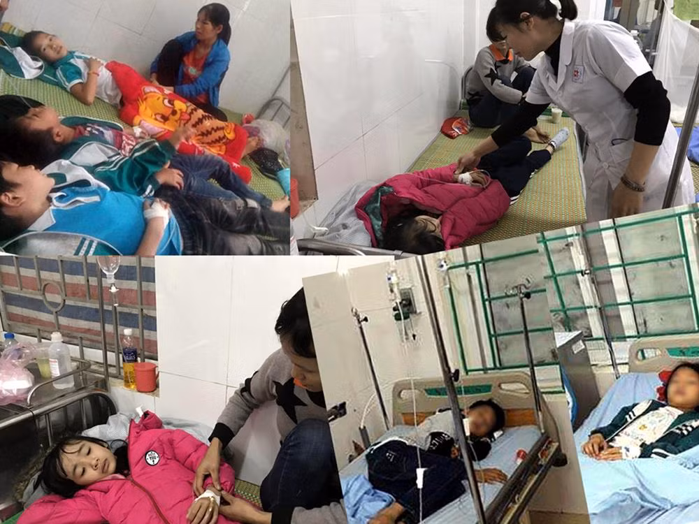 29 học sinh tại Trường Tiểu học Nhã Lộng (Phú Bình, Thái Nguyên) phải nhập viện cấp cứu hôm 15/3/2019. Ảnh Bệnh viện Phú Bình cung cấp.