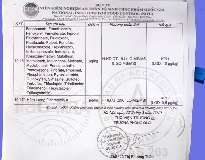 Bản kết quả xét nghiệm của Viện Kiểm nghiệm an toàn vệ sinh thực phẩm Quốc gia không hề có từ nào nói đến kích ứng ruột? Ảnh: Tùng Dương. Bản kết quả xét nghiệm của Viện Kiểm nghiệm an toàn vệ sinh thực phẩm Quốc gia không hề có từ nào nói đến kích ứng ruột? Ảnh: Tùng Dương.